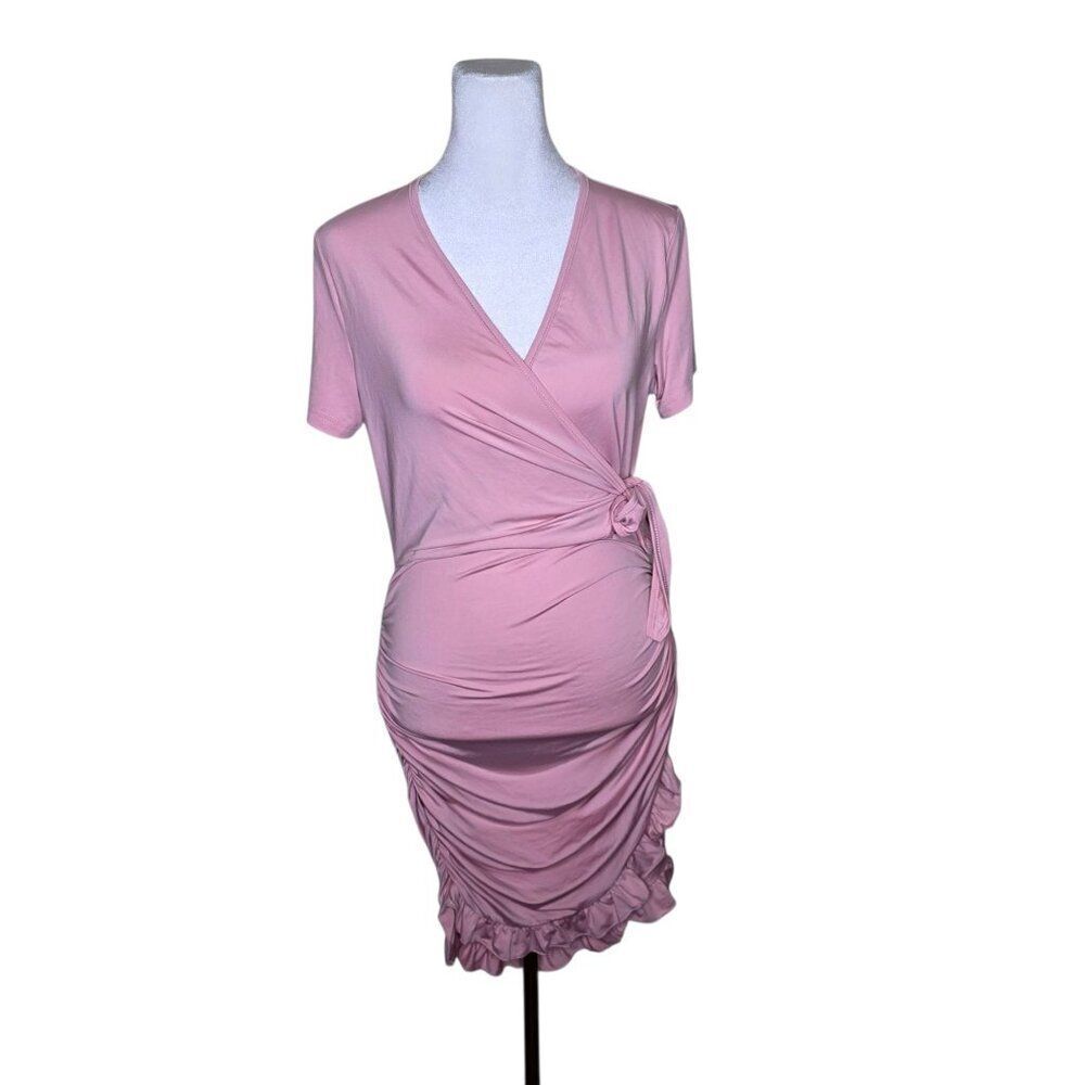 Liumilac Short Sleeve Wrap Waist Dress Womens Size S Baby Pink Ruffle Hem